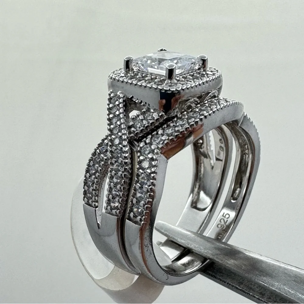 Sterling Silver CZ Double Band Ring Size 5 Halo Princess Cut New